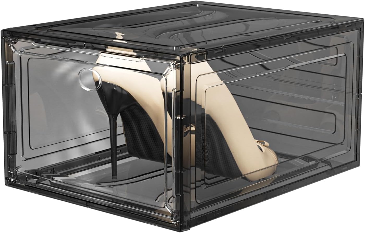 Upgrade Harder Solid Plastic Shoe Organizer with Magnetic Front Door, 12 Pack Shoe Boxes Clear Stackable, Sneaker Storage for Closet, Shoe Display Case, Black