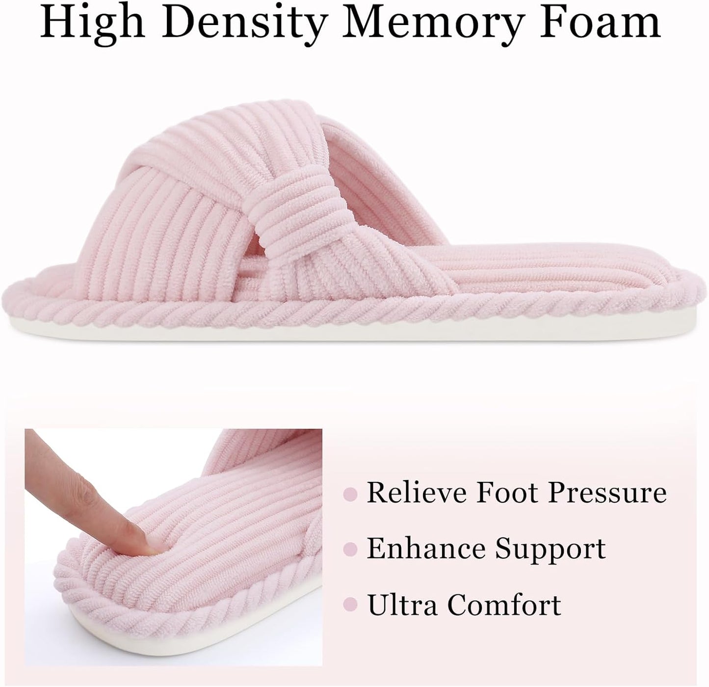 Evshine Summer House Slippers for Women Corduroy Cross Bow Indoor Slippers Open Toe Slip On Bedroom Shoes with Memory Foam