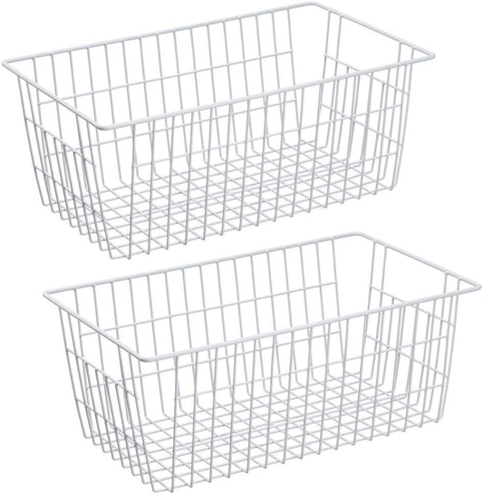 SANNO Freezer Baskets Wire Storage Baskets Closet Baskets Bin Farmhouse Organizer Storage Bins Organization Storage for Home, Office, Bathroom, Pantry -Set of 2, 15.7" White-2P
