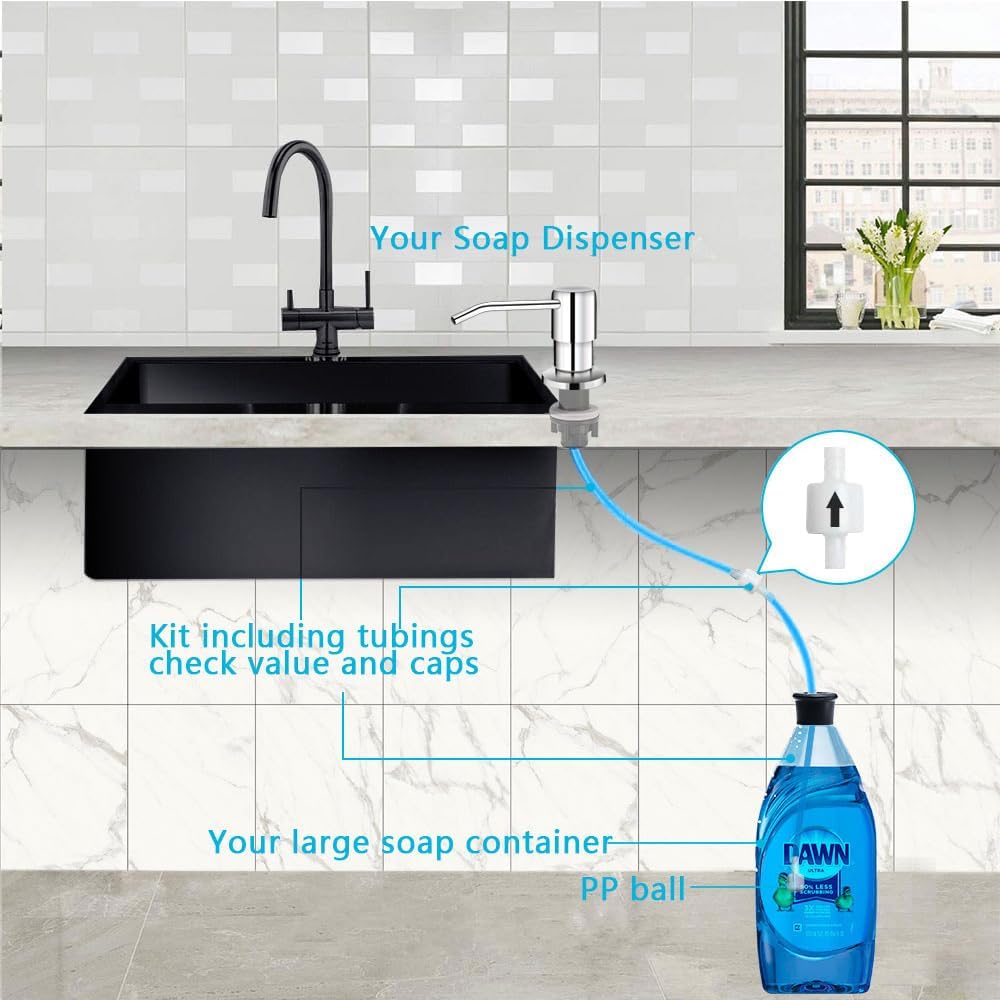 Soap Dispenser for Kitchen Sink, in Sink Soap Dispenser Pump, 47" Silicone Extension Tube Connect to The Soap Bottle Directly, Say Goodbye to Frequent Refills (Chrome)