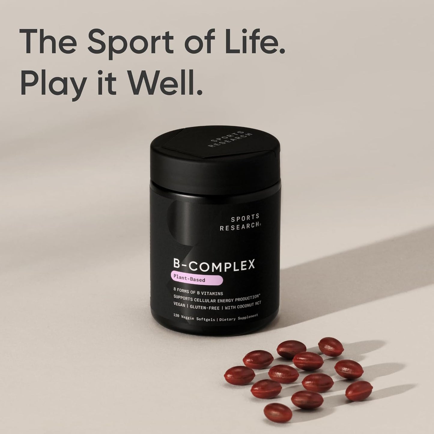 Sports Research® Vitamin B-Complex - Full Spectrum of B Vitamins with Methylated B12 & Folate - Gluten Free · Plant-Based · Non-GMO · Vegan-Friendly Formula - 120 Veggie Softgels