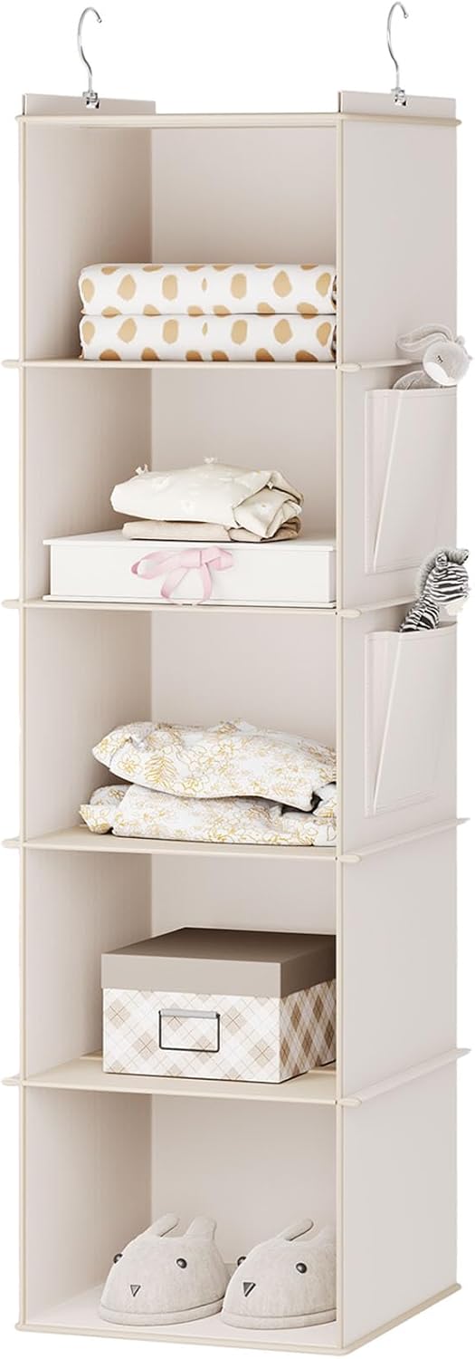 YOUDENOVA Hanging Closet Organizer, 5-Shelf Closet Hanging Storage Shelves, Beige