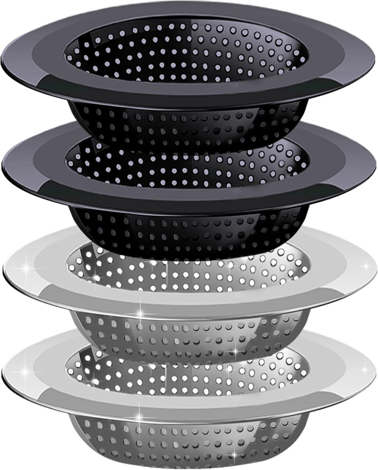 Kitchen Sink Drain Strainer, 4 Pack Stainless Steel and Black Mesh Sink Strainer for Kitchen with Large Wide Rim 4.5" Diameter, Sink Filter Strainer with 3" Basket Sink Food Catcher