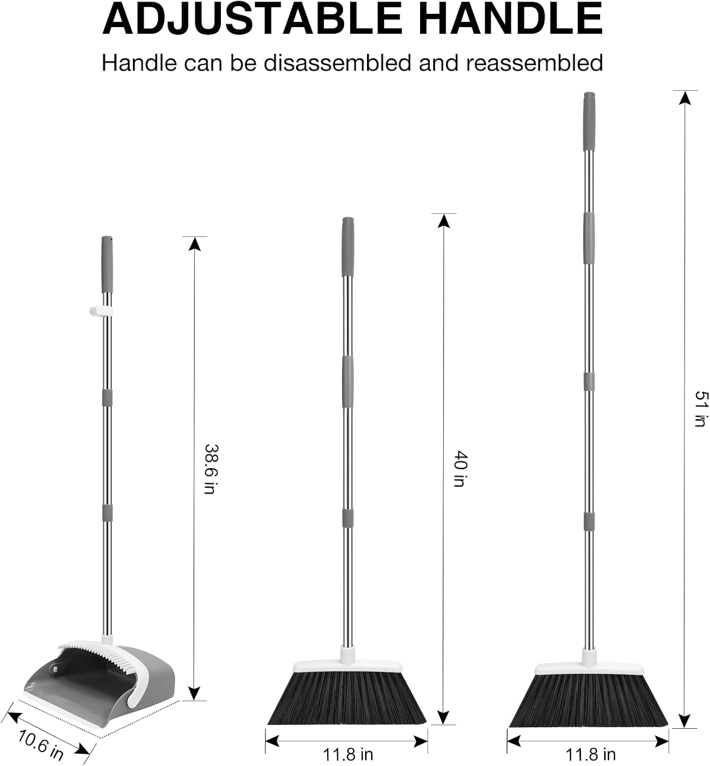 NACENA Broom and Dustpan Set, 52-in Long Adjustable Handle Broom Dustpan Combo with Dustpan Teeth to Automatically Clean Hair Suitable for Home Kitchen Office Hall Floor (Grey&White), 4 Pack