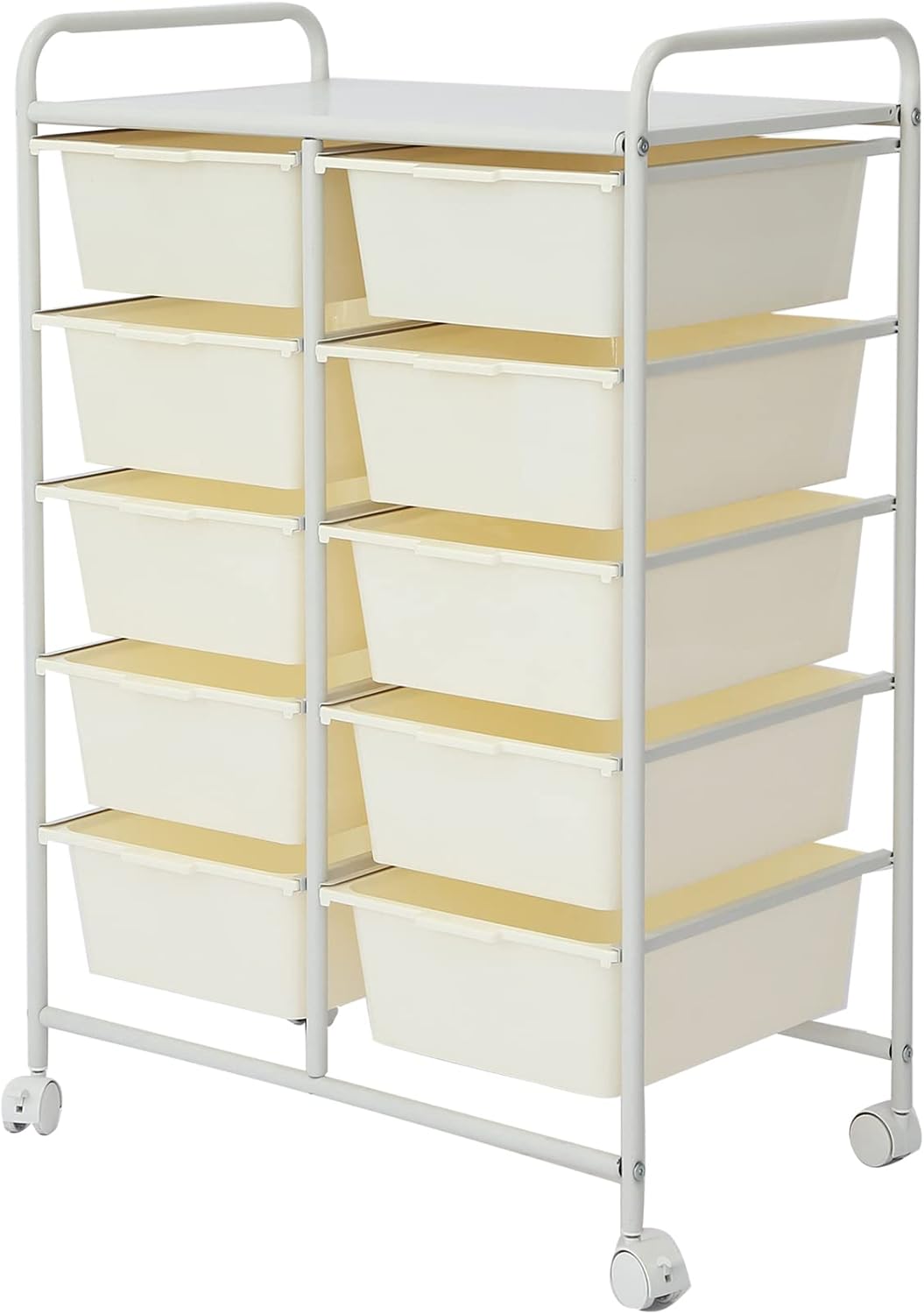 Rolling Cart with 10 Drawers, Plastic Drawer Cart with Metal Frame, Multipurpose Art Craft Cart Organizer with Wheels, Utility Cart with Drawers for Home, Office, School, White