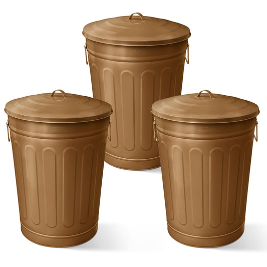 Plexon Round Trash Can 13 Gallon, Vintage Metal Outdoor Trash Can with Lid, Retro Farmhouse Garbage Container, Old School Modern Ash Bucket, Copper 3 Pack