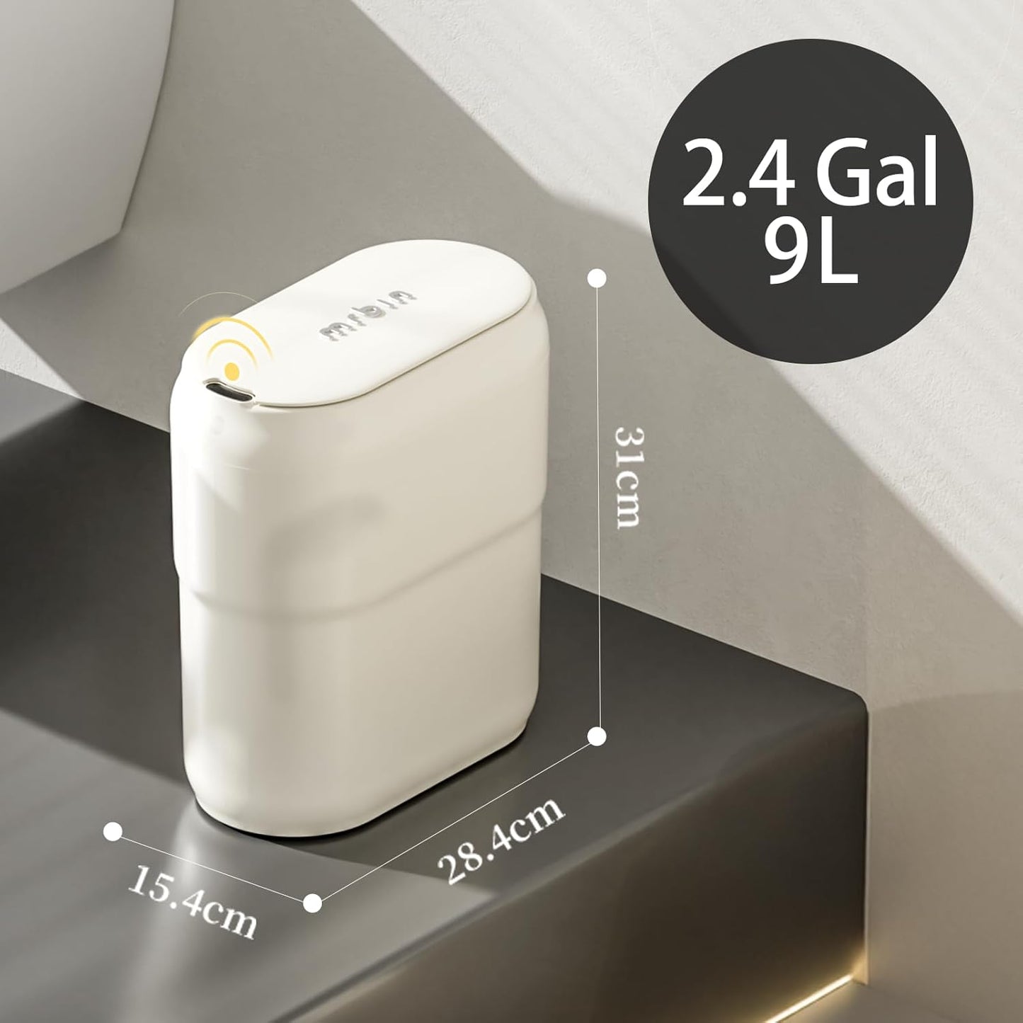 Slim Motion Sensor Trash Can for Bathroom, Automatic Compact Touchless Garbage Bin with Lid, 2.4 Gallon Small Electric Waste Basket for Narrow Apartment Dorm Office, Kitchen, Bedroom, Cream White
