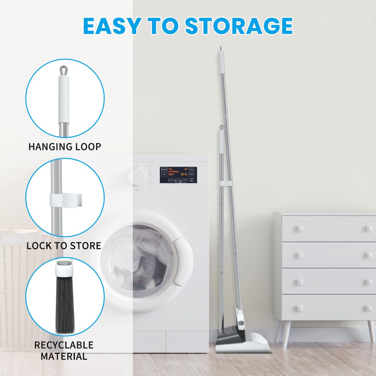 Stand Up Dustpan and Broom Set 50” Long Handle Broom with Dust Pan, 20° Angled for Ergonomic Home