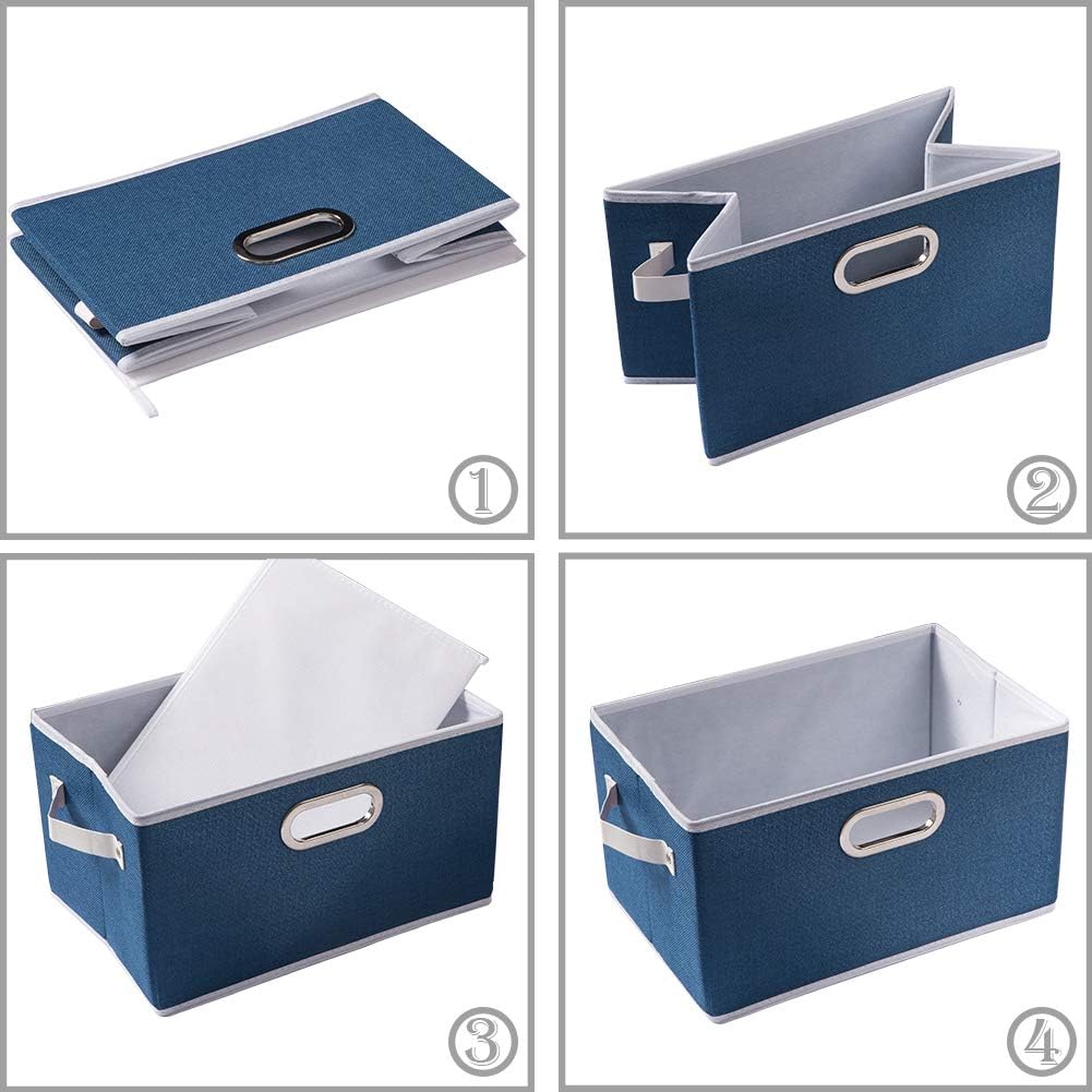 PRANDOM Large Collapsible Storage Baskets for Closet [5-pack] Decorative Fabric Storage Bins Cubes with Leather/Metal Handles for Shelves Bedroom Living Room Royal Blue (14.9x9.8x8.3 Inch)