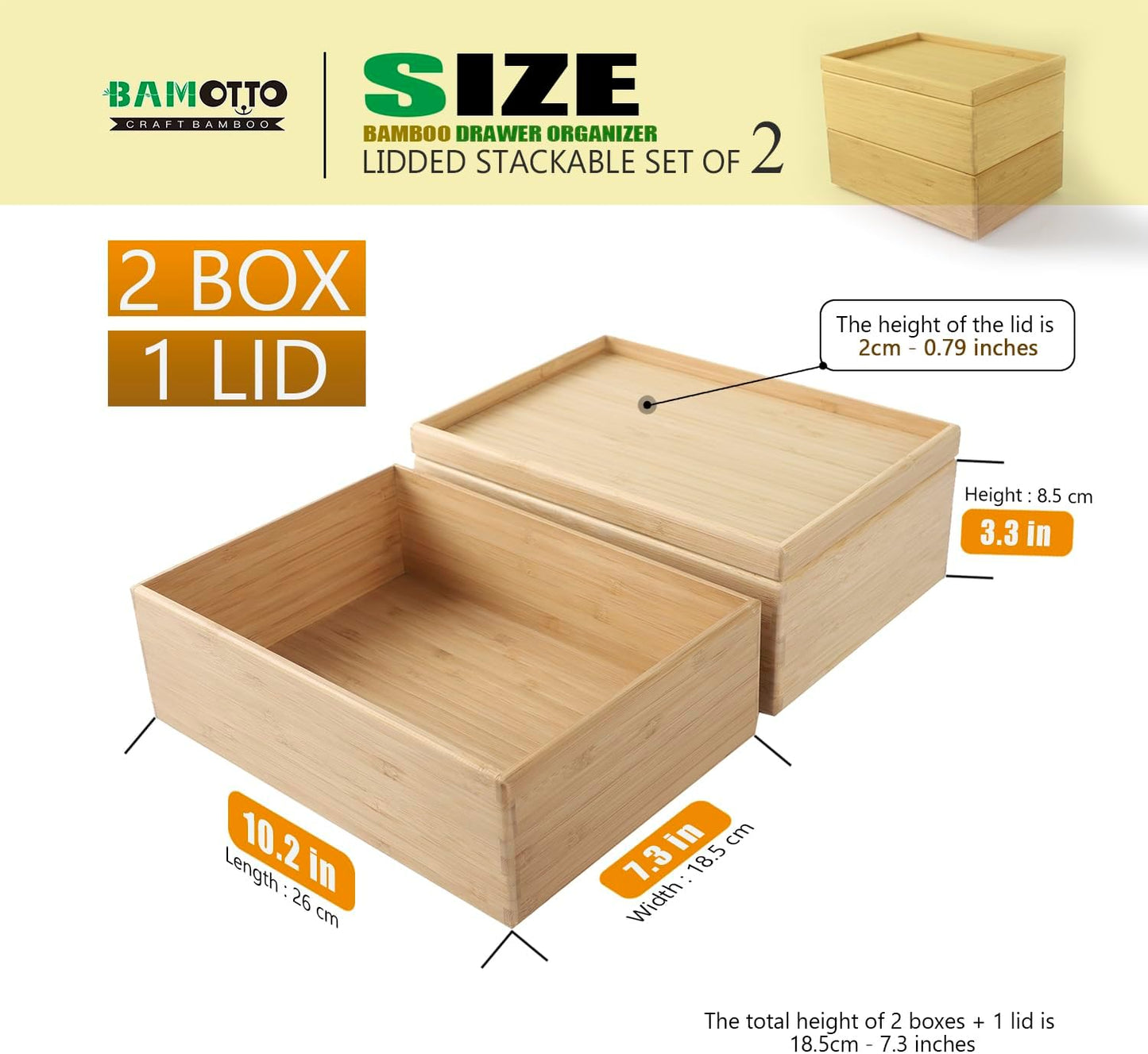 Stackable Bamboo Drawer Organizer Set – 2 Boxes with 1 Lid | Wood-Laminated Trays for Kitchen Utensils, Silverware & Flatware – Storage Fits Cabinets, Pantry, Bathroom & Office | 10.2"x7.3" (2-Pack)