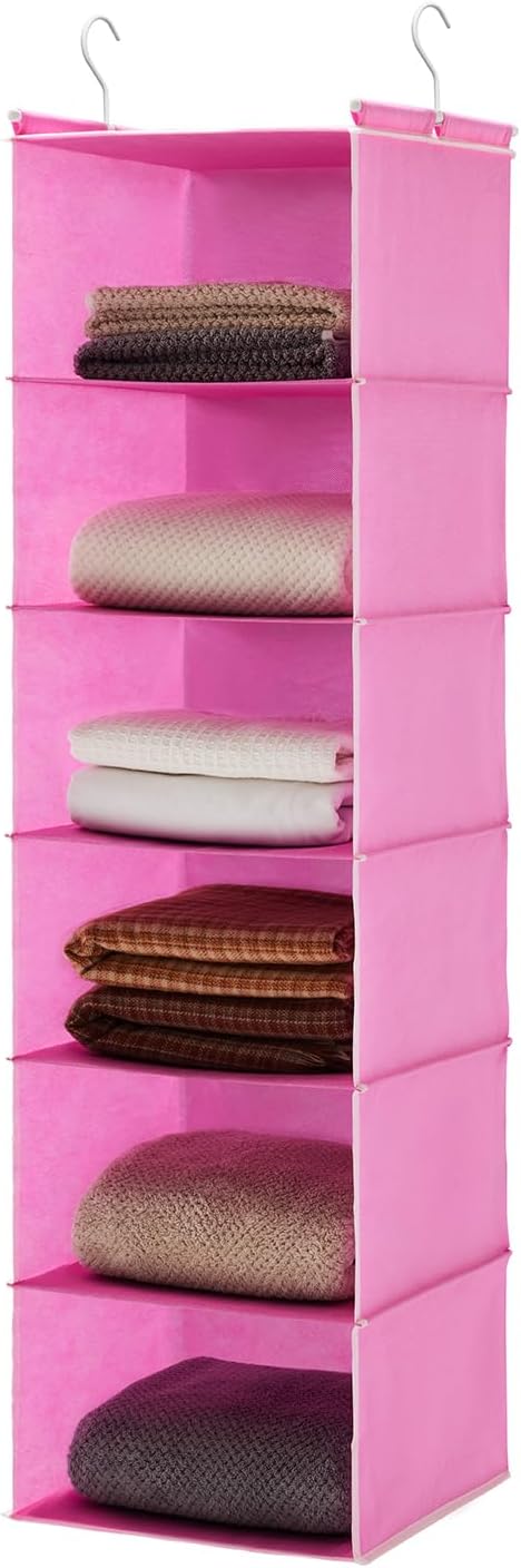 MAX Houser 6-Shelf Hanging Closet Organizer, Hanging Storage Shelves with 2 Sturdy Hooks Space-Saving for Bedroom, Foldable (Pink)