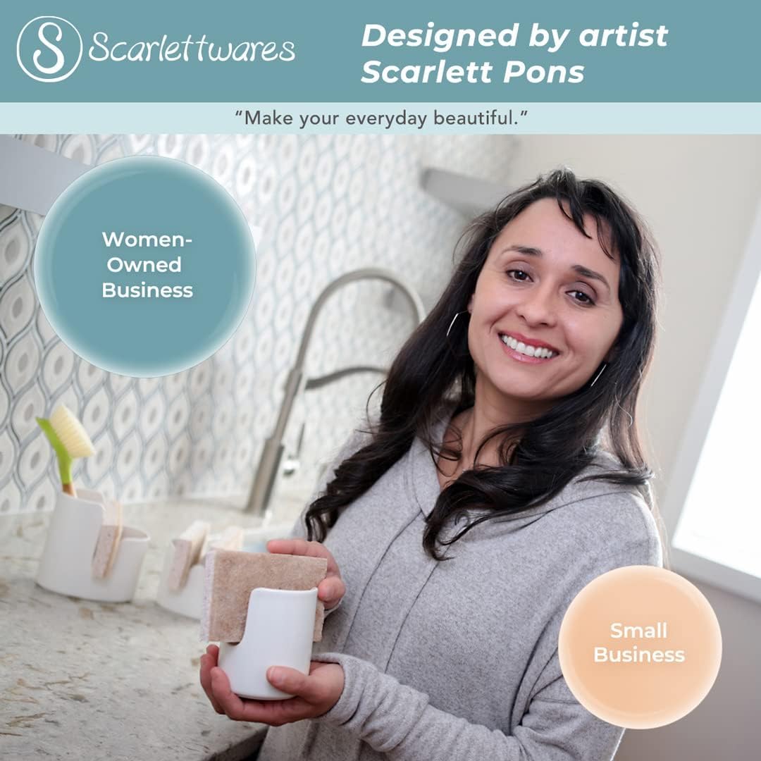 Kitchen Sink Caddy Dish Sponge Holder and Scrub Brush Dish Wand Holder Ceramic White Farmhouse Modern