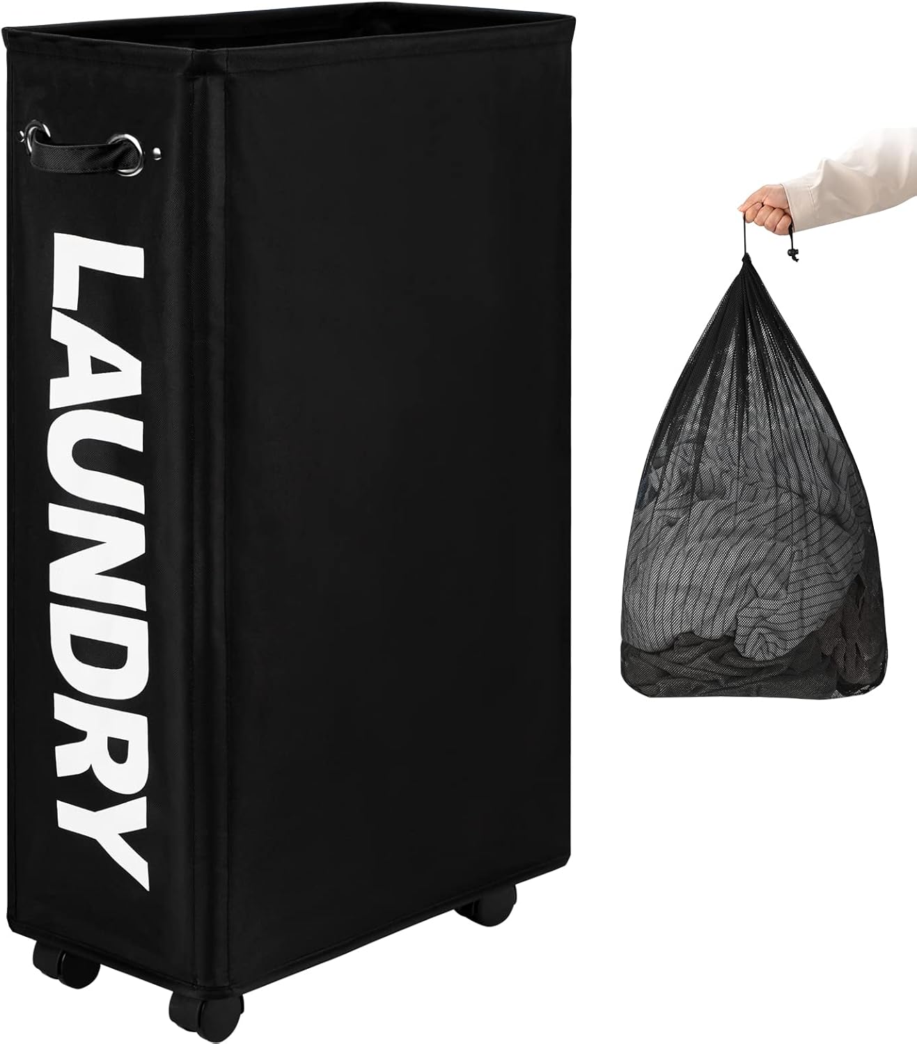 DOKEHOM 29-Inches Enlarged Slim Laundry Basket with Removable Wash Bag on Wheels, Collapsible Rolling Laundry Hamper, Foldable Narrow Corner Clothes Storage Bins (Black)