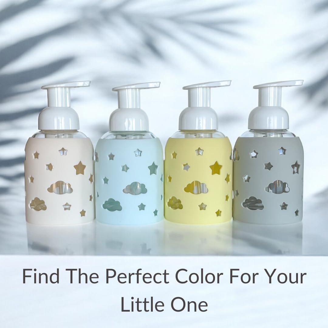 SoCal Suds & Company Glass Foaming Hand Soap Dispenser, Soft Grip Silicone Sleeve, Refillable Pump Bottle for Kids, Baby Wash & Shampoo, Ideal for Home Use, Light Blue 8oz