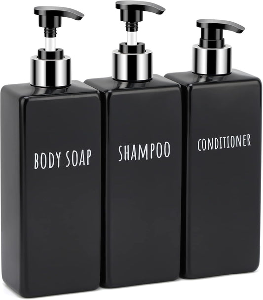 Segbeauty Shower Soap Dispenser Black, 3pcs 16.9oz Empty Refillable Bathroom Press Pump Bottles, 500ml Reusable Plastic Square Shampoo Conditioner Body Soap Dispenser Set for Modern Kitchen Home Decor
