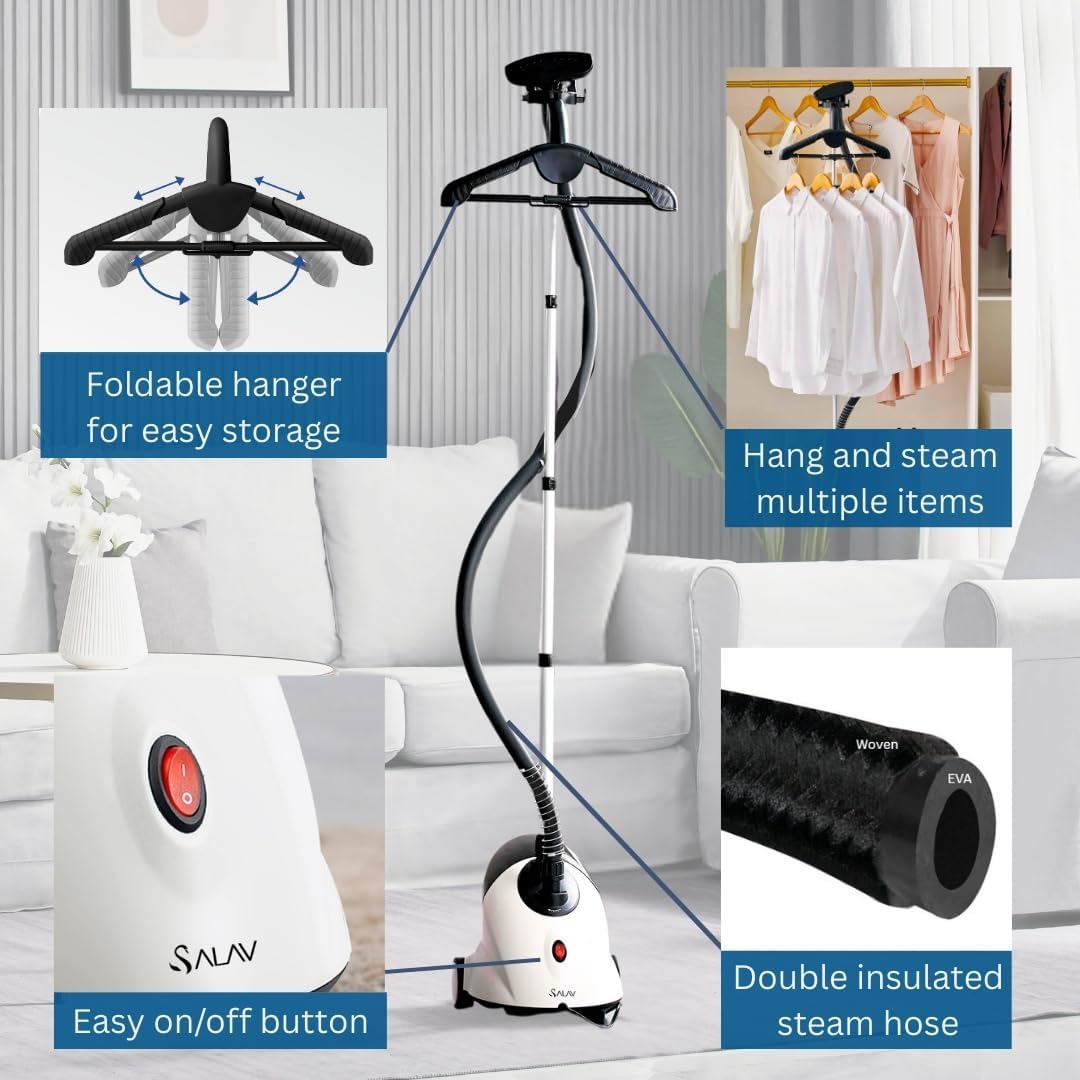 SALAV GS18 Full-Size Clothes Steamer - 1500W Power, 1.8L Water Tank, 60-Min Garment Steam, Iron Clothing, Adjustable Pole & Wheels for Easy Storage, Professional Standing Steamer for Clothes, White
