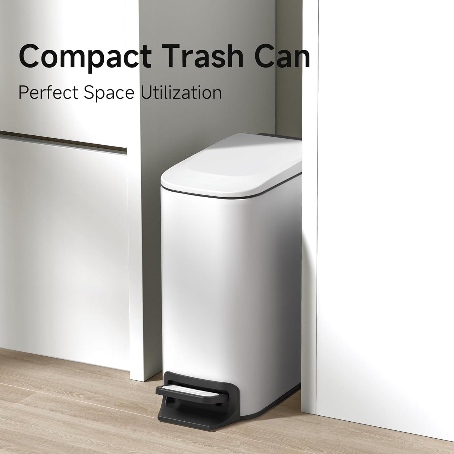 TIPGO Slim Bathroom Trash Can with Lid Soft Close, Step Pedal, 6 Liter / 1.6 Gallon Stainless Steel Trash Bin, Small Garbage Cans for Bedroom, Office, Kitchen (White)