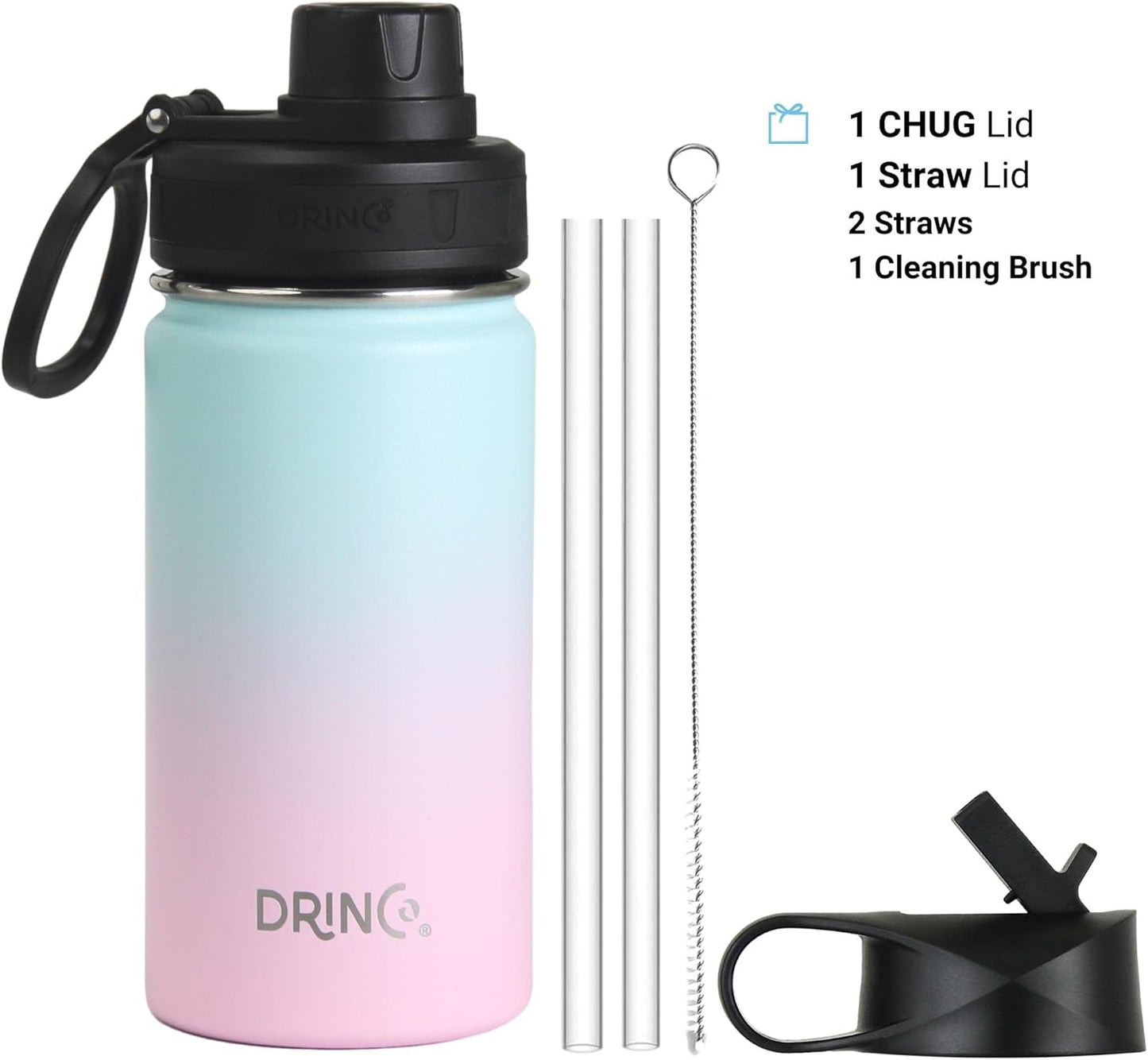 DRINCO Stainless Steel Water Bottle Spout Lid Vacuum Insulated Double Wall Water Bottle Wide Mouth (40oz 32oz 22oz 18oz 14oz) Leak Proof Keeps Cold or Hot (14 oz, 14oz Macaron)