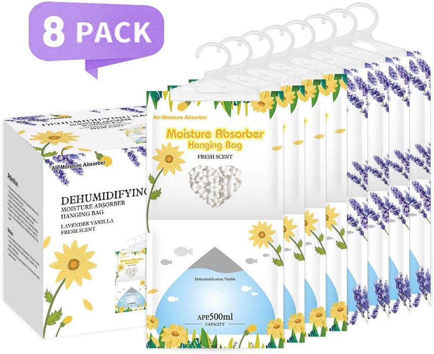 CANAGER Hanging Moisture Absorber, Fresh Scent and Lavender Vanilla Moistureproof Hanging Bag，Dehumidifier Bag (8 packs) Hanging Closet Dehumidifier Bags, Moisture Absorb 12.5 oz