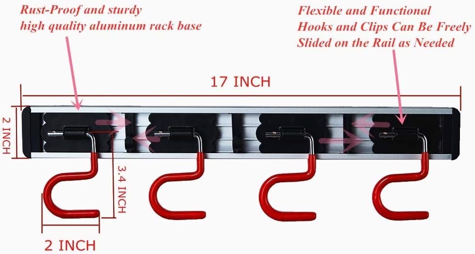 QBOSO Wall Mounted Mop and Broom Holder Stainless Steel S Type Broom Rack Anti-Slip Mop Organizer (17 Inches,4 Positions 3 Hooks, Red black) (17inch)