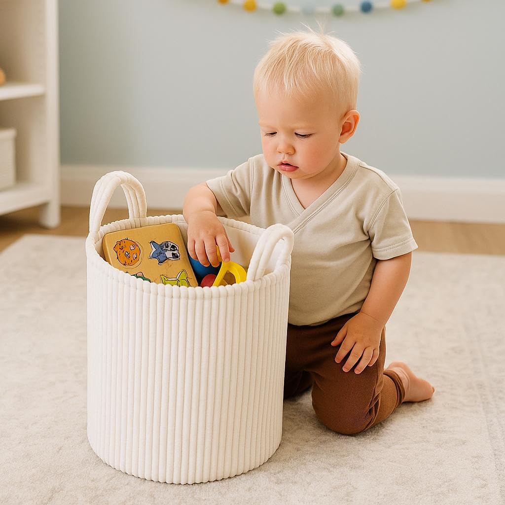 PUTSKA Blanket Basket – Round Storage for Toys and Blankets, Clothes, Stuffed Animals – Soft Baby Girl Basket for Nursery, Kids Room, Bedroom, Living Room – Regular, Cream