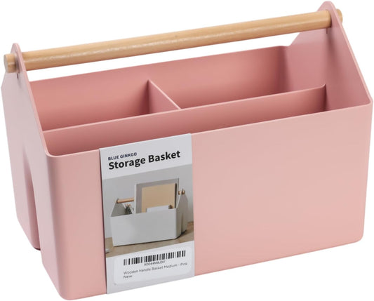 BLUE GINKGO Medium Storage Basket – Plastic Caddy with Wooden Handle for Office, Arts & Crafts, or Home Supplies (Pink)