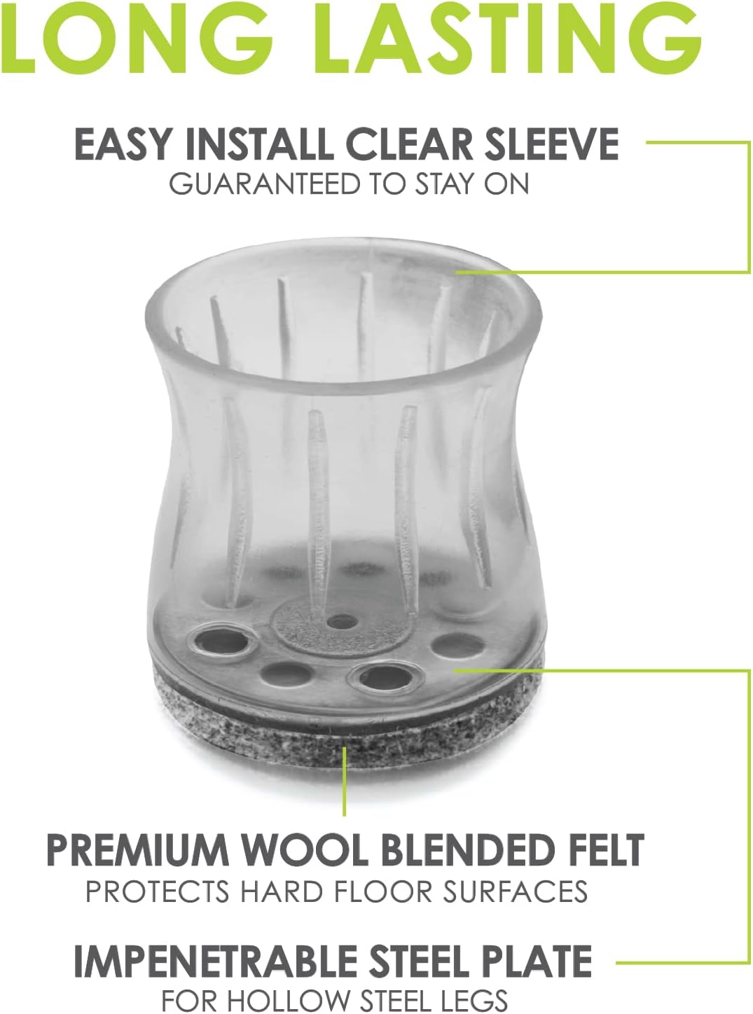 Slipstick GorillaFelt Chair Leg Floor Protectors for Hardwood Floors, Clear Sleeve Felt Pads for Furniture That Stay On, Fits Round & Square Legs, Includes 4 Premium Transparent Chair Socks, CB188