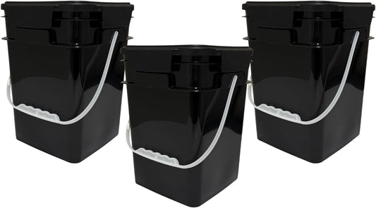 House Naturals 4 Gallon Square Food Grade Bucket Pail with Plastic Handles and Lid (Pack of 3) Made
