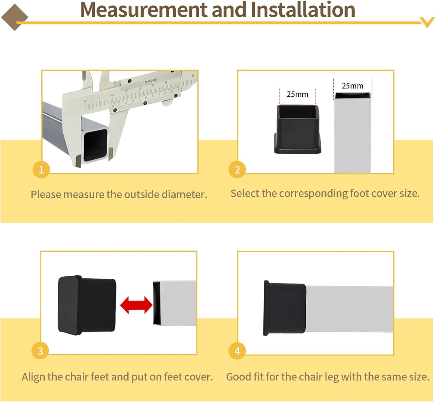 Flyshop Durable Non-Marking Silicone Chair Leg Caps Tips Floor Protectors Square Furniture Table Leg Covers, 20pcs, Black, 38 mm x 38 mm, 1-1/2" x 1-1/2"