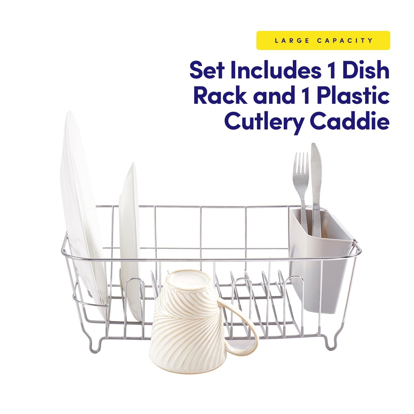 Dish Drying Rack & Cutlery Holder 2 Piece Set - Compact Sink-Fitting Dish Drainer with Rubberized
