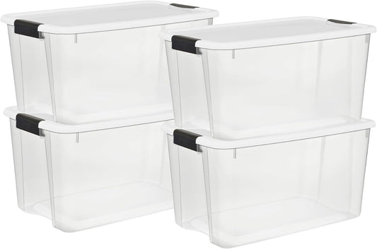 Sterilite 4 Pack Ultra Latching Box, Storage Bins with Lids, Clear Plastic, 70 Quart - Heavy-Duty Organizing Containers for Closet, Bathroom, and Office