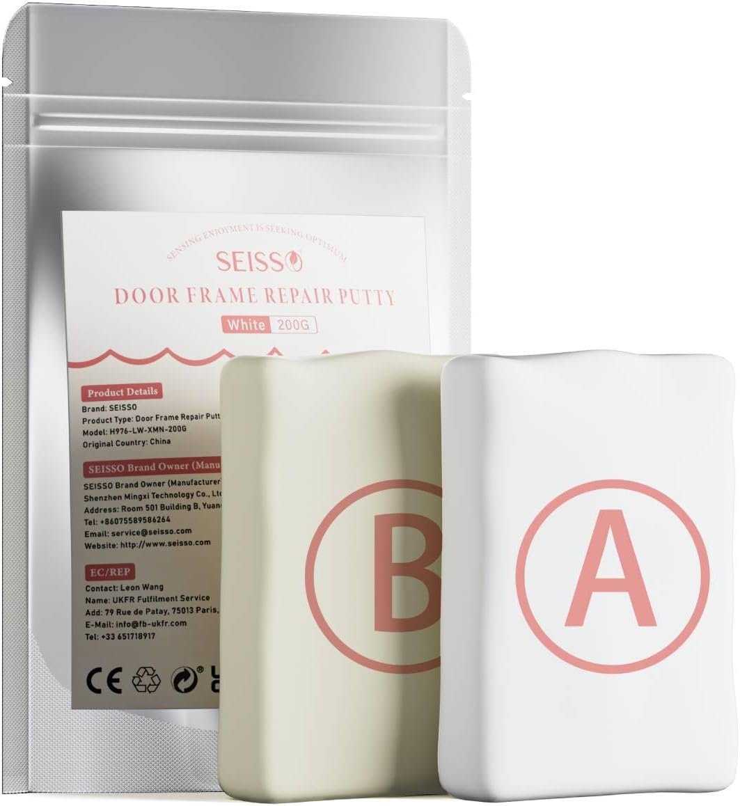 SEISSO Epoxy Putty Filler for Door Frame Repair, 200g/7.05 Oz Fast Repair AB Epoxy Putty, Wood Repair Putty for Cracks, Holes, Wooden Furniture, Cabinets & Composite Panels, Paintable & Stainable