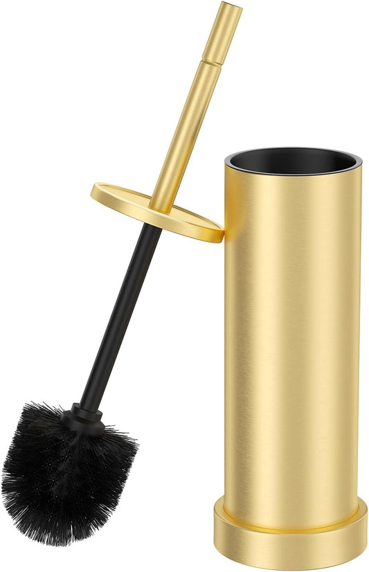 Toilet Brush and Holder Set: 304 Stainless Steel Brushed Gold Toilet Bowl Brush and Holder with Removable Inner Bowl and Splash Protection, Heavy Duty Long Handle Bathroom Cleaning Tool
