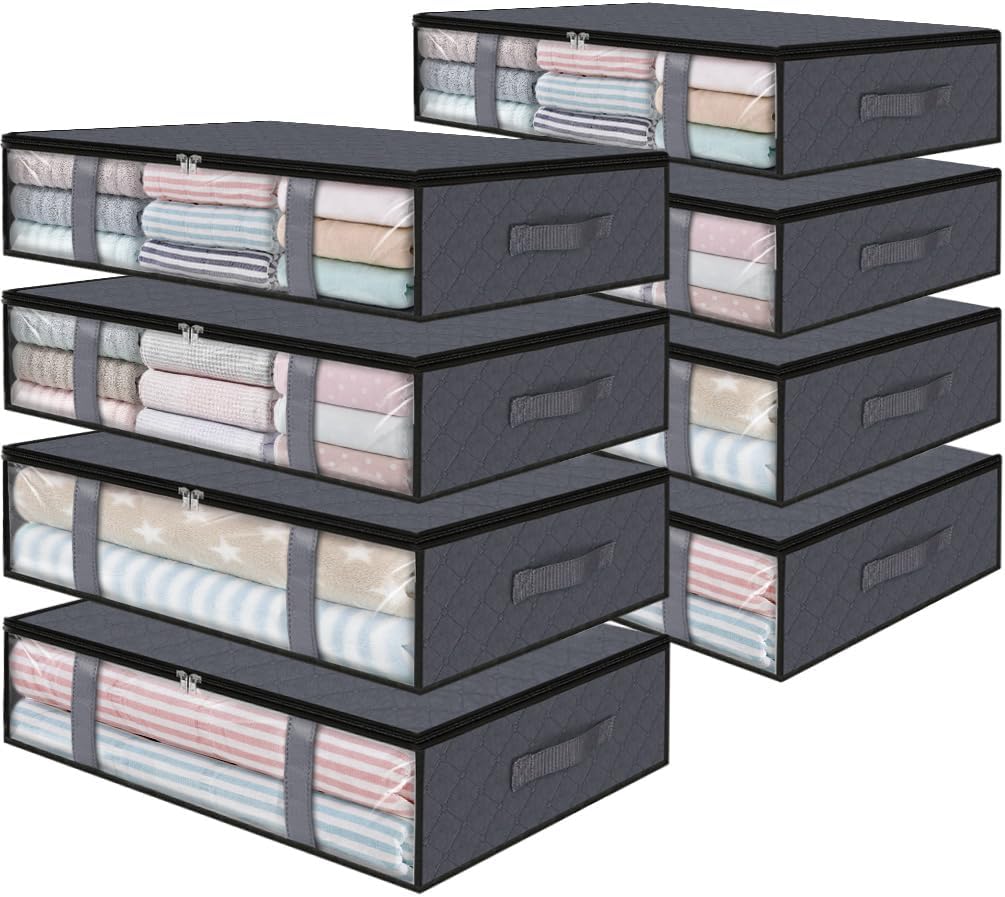 StorageRight Under Bed Storage Bins, 8-Pack 40L Foldable Fabric Storage Bags with Transparent Window, Breathable Organizer for Clothes/Blanket/Comforter/Quilt, Grey