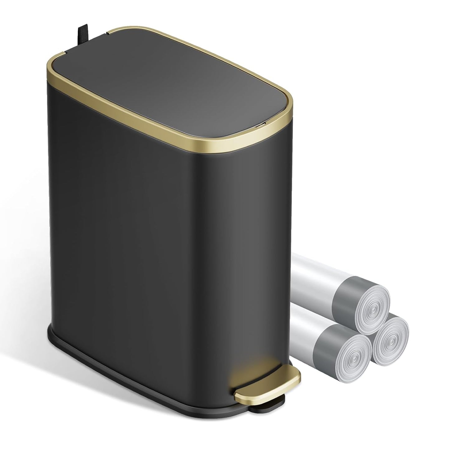 KUK Small Bathroom Trash Can with Lid Soft Close, Step Pedal, 2.4 Gal Stainless Steel Garbage Can with Removable Inner Bucket, Anti-Fingerprint Wastebasket for Office, Bedroom, Toilet (Black)