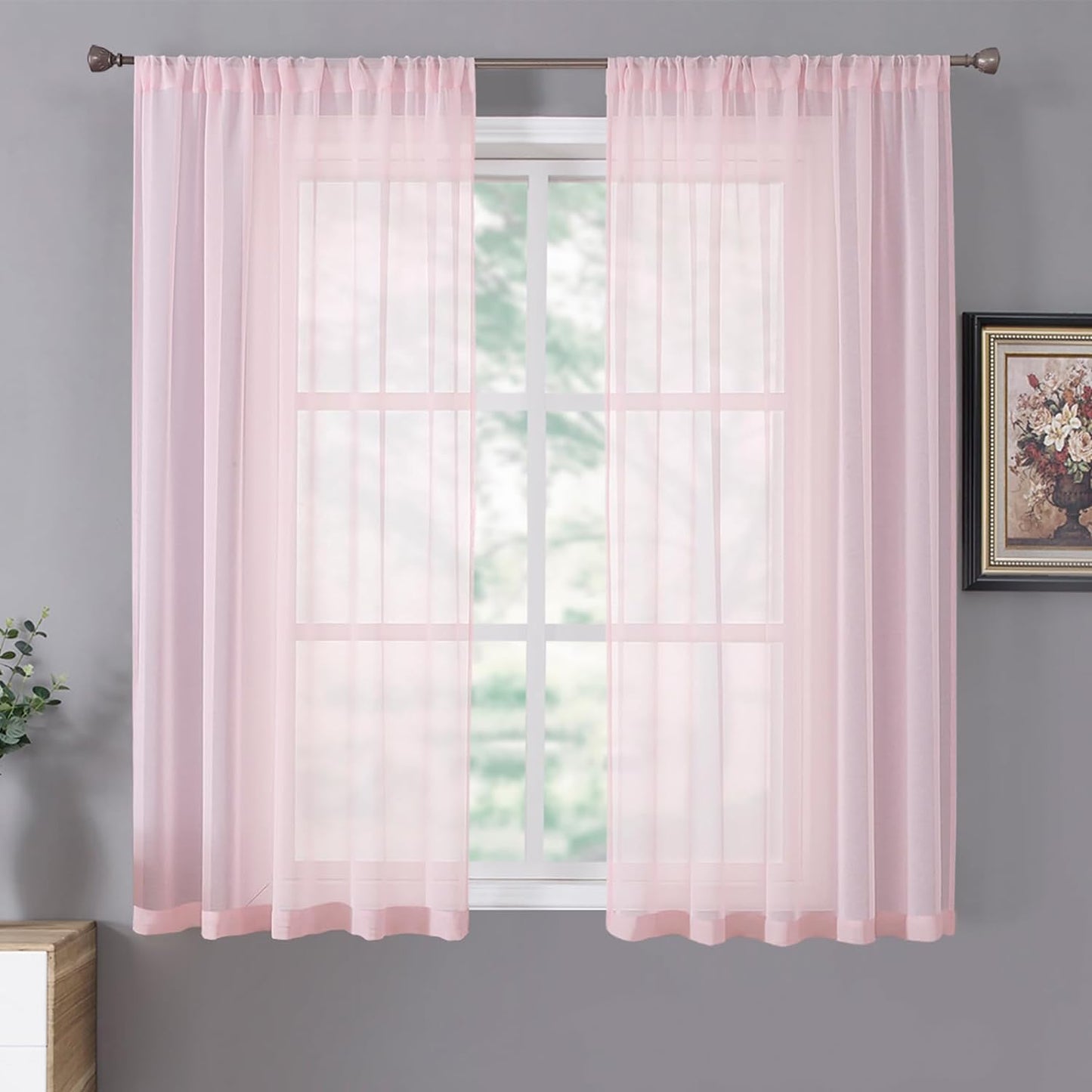 Tollpiz Short Sheer Curtains Living Room Linen Textured Curtain Sheers Light Filtering Voile Rod Pocket Curtains for Bedroom, 38 x 45 inches Long, Pink, Set of 2 Panels