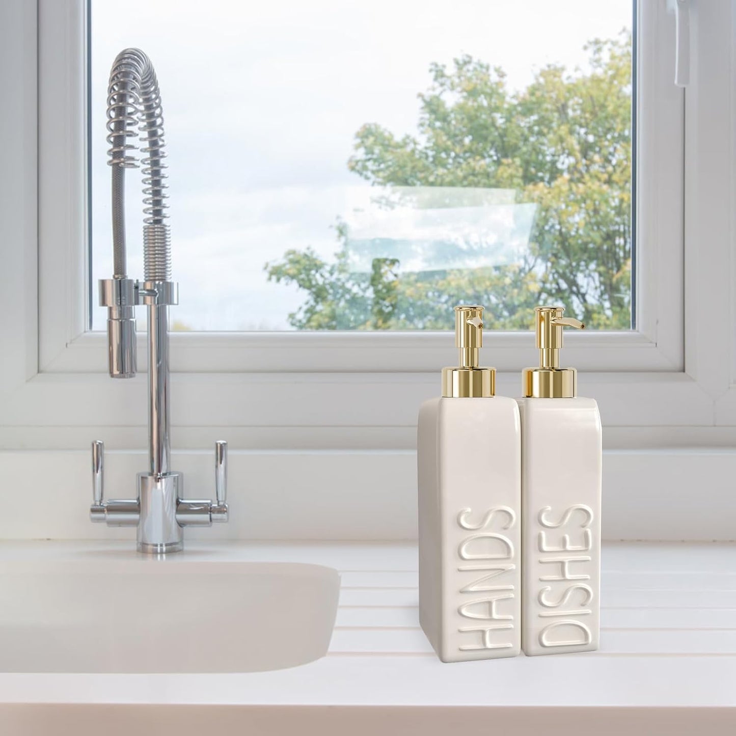 Soap Dispenser Set with Gold Stainless Steel Pump and a Funnel, 2 Pack Modern Ceramic Refillable Hand and Dish Soap Dispenser for Kitchen, Bathroom, Matte White