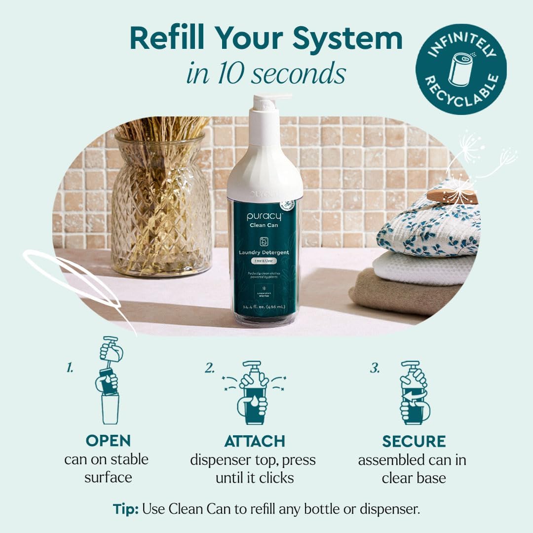 Puracy Liquid Laundry Detergent Clean Can Starter Set - Enzyme-Powered Liquid Laundry Detergent Concentrate, Natural Laundry Detergent Seen on TikTok, Non-Toxic (Free & Clear, 14.4 fl oz)