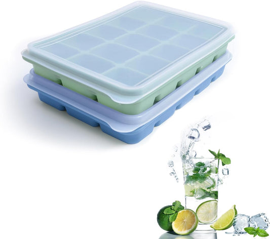 Ice Cube Trays Set of 2, Easy Release 15 Flexible Silicone Ice Cube Molds with Removable Lid
