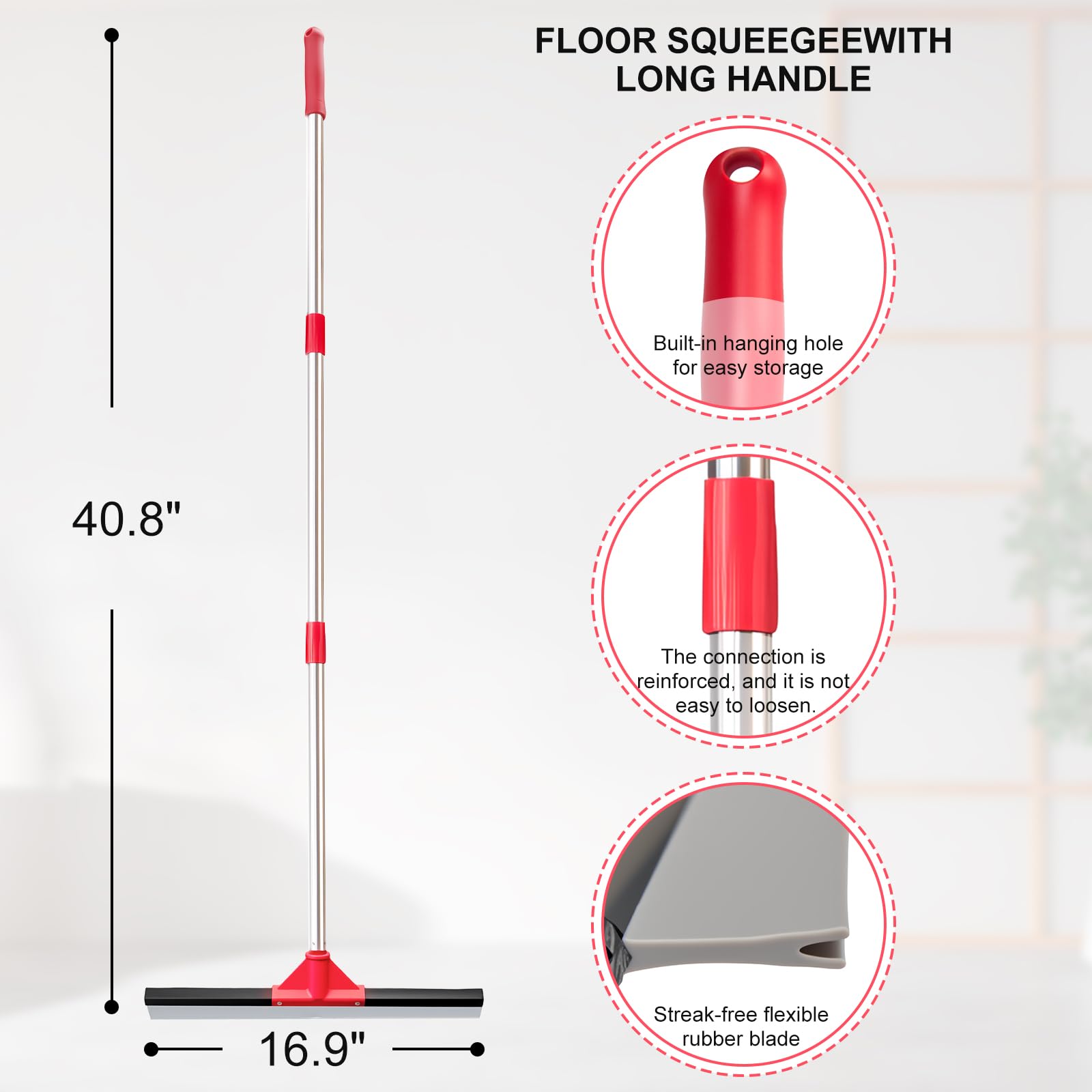 17" Heavy Duty Floor Squeegee with 40.8 Inch Long Handle, Suitable for Bathroom Tiles, Garage