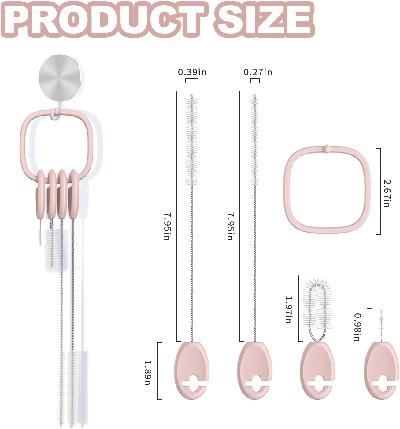 YOTIME Standing Straw Cleaner Brush Set, 4in1 Reusable Straw Brushes with Holder Ring, for Wide and Narrow Straws, Tumblers, Water Bottles and Cups, Pink