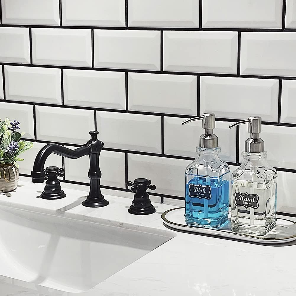 JASAI 2Pack Antique Design Glass Soap Dispenser with Rust Proof 304 Stainless Steel Pump, Refillable Hand Soap Dispenser with 10Pcs Stickers, Premium Soap Dispensers for Kitchen & Bathroom (Clear)