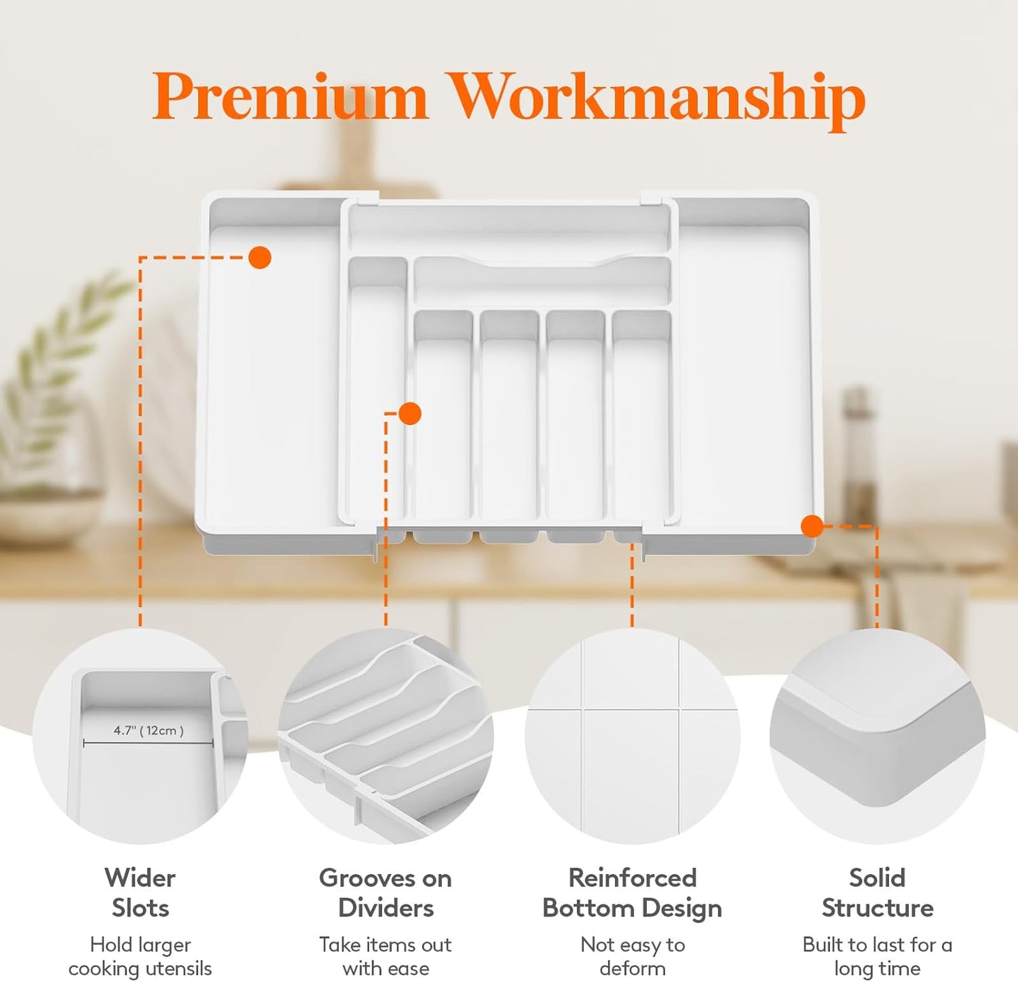 Lifewit Silverware Drawer Organizer, Expandable Utensil Organizer for Kitchen Drawers, Adjustable Cutlery and Flatware Tray, Plastic Spoons Forks Knives Holder Storage Dividers, Large, White