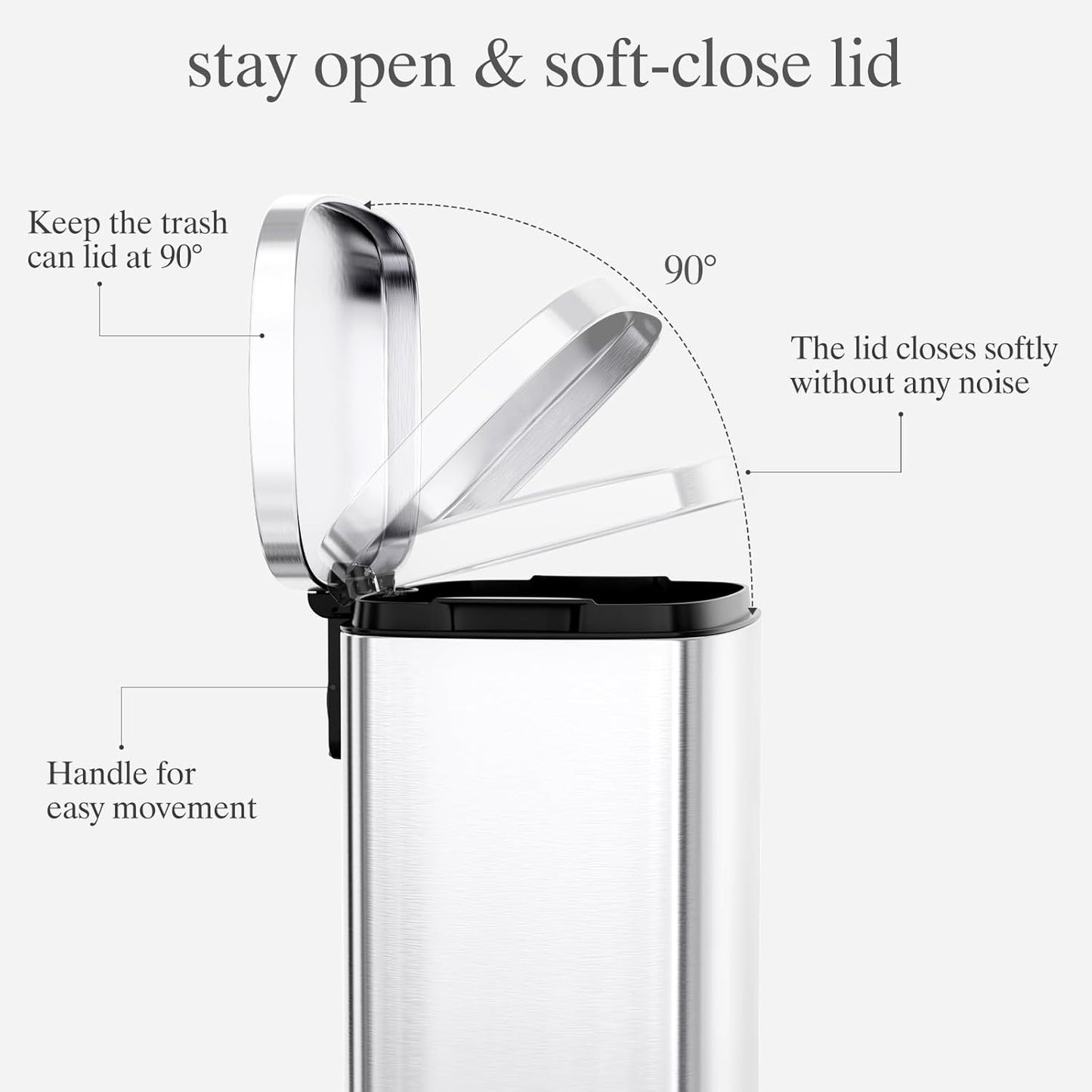 AthLike Trash Can, Stainless Steel Kitchen Garbage Can, Step Waste Bin with Hinged Lid and Removable Inner Bucket, Soft-Close, Dustbin for Bathroom Bedroom Living Room Home (Silver, 13.2 Gal)