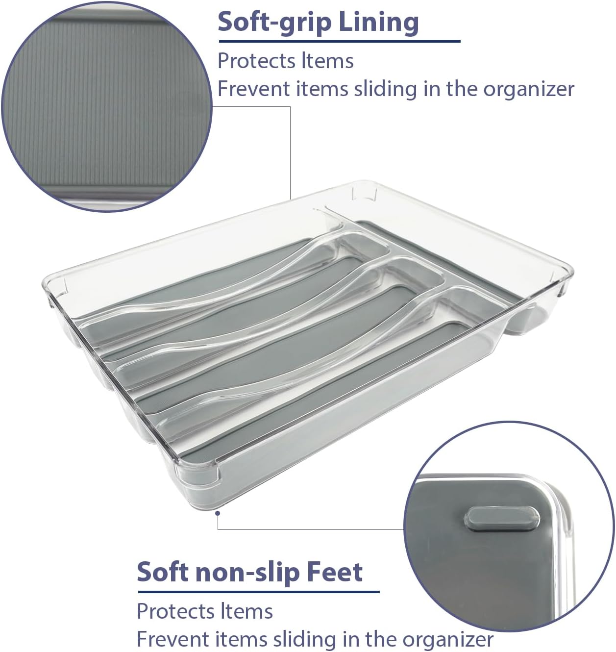 5 Compartments Silverware Tray for Drawer, Plastic Utensil Cutlery Drawer Organizer w/Grip Lining (Clear&Grey)