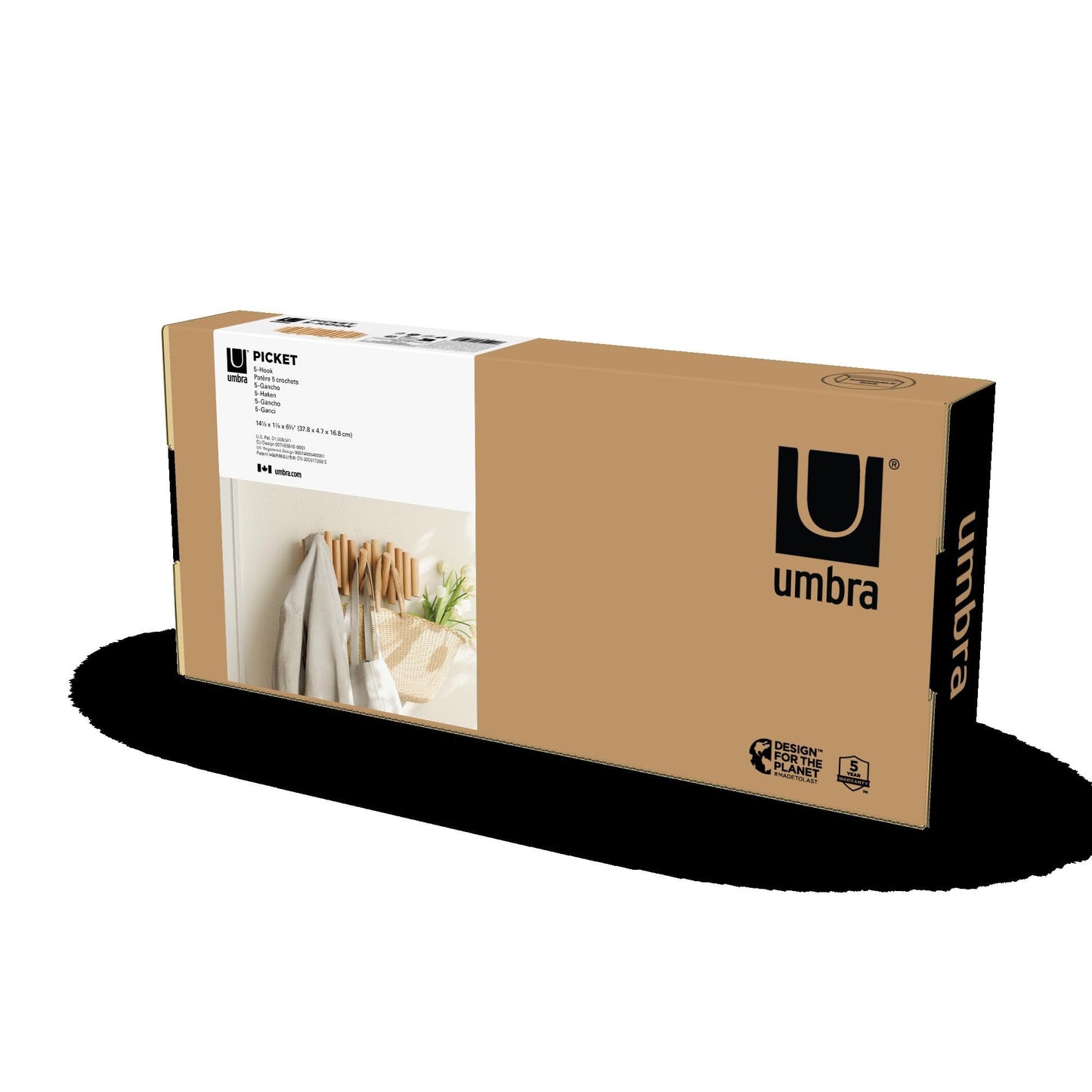 Umbra Picket Coat Rack, Wall Mount 5 Flip-Down Coat Hooks, Natural