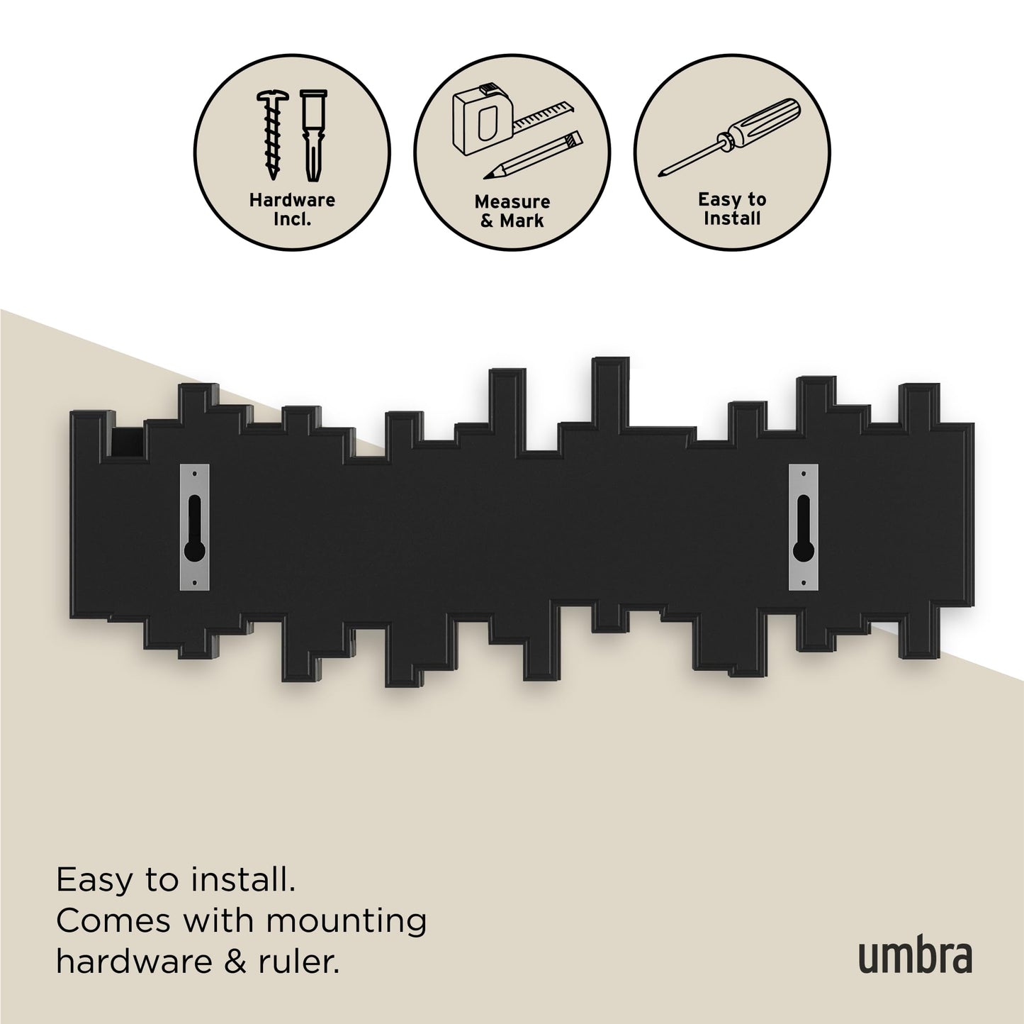 Umbra Sticks Wall Mount Coat Rack, 5 Hook Retractable Pegs, Black
