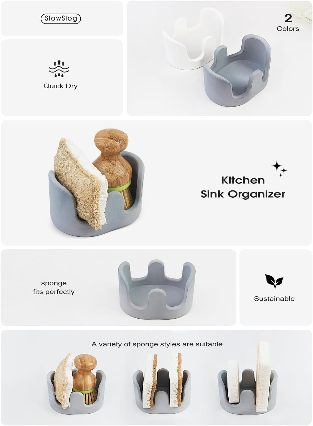 Double Sponge Holder, 2 Slots Diatomite Stone Sponge Holder, Absorbent Sponge Stand for Kitchen Sink, Quick Dry Dish Brush Holder Kitchen Sink Organizer, Gray