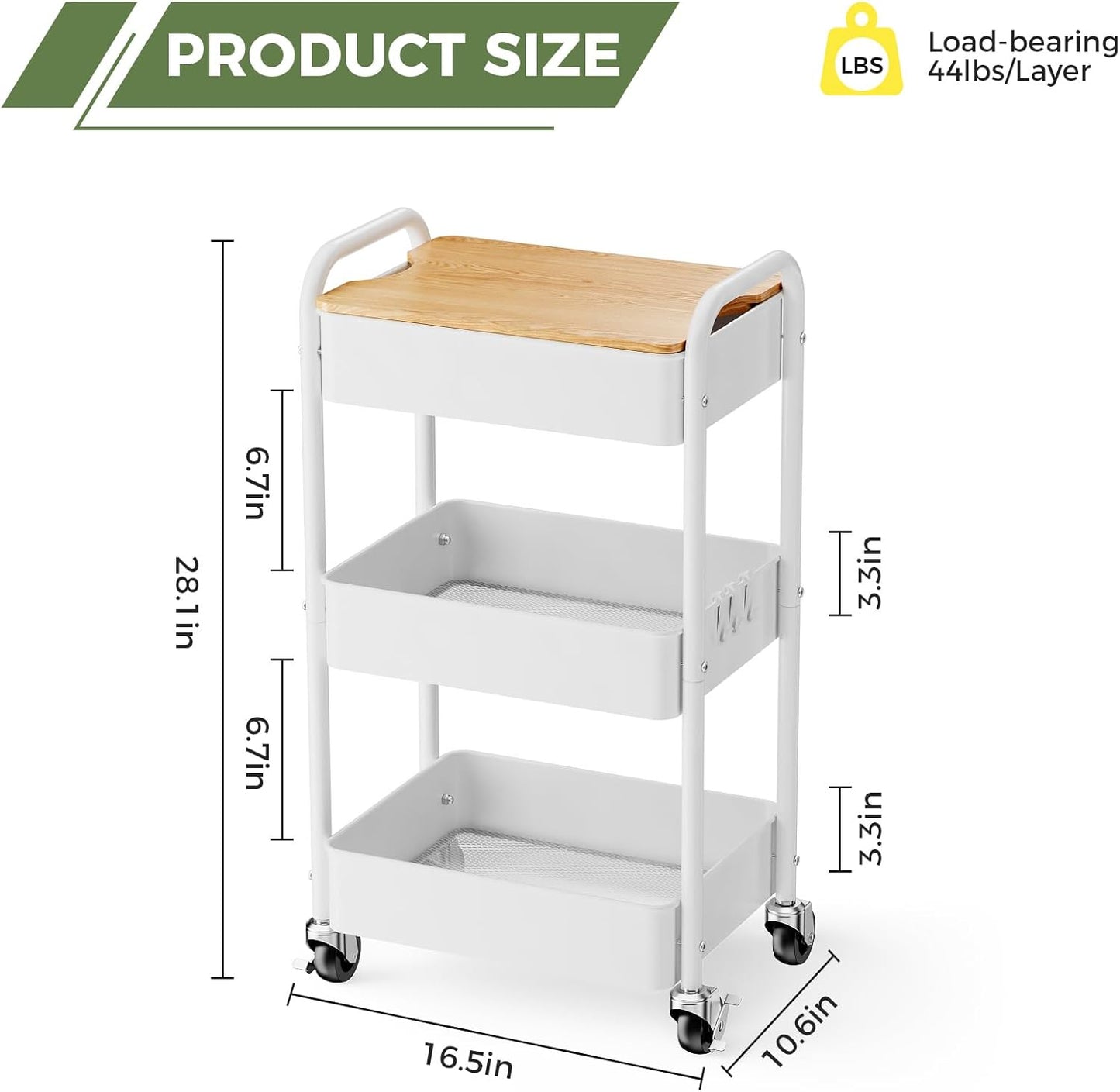 3 Tier Rolling Cart with Table top, Metal Rolling Utility Cart on Wheels, Sturdy Storage Organizer Cart with Hooks for Office, Classroom, Kitchen and Bathroom (White)