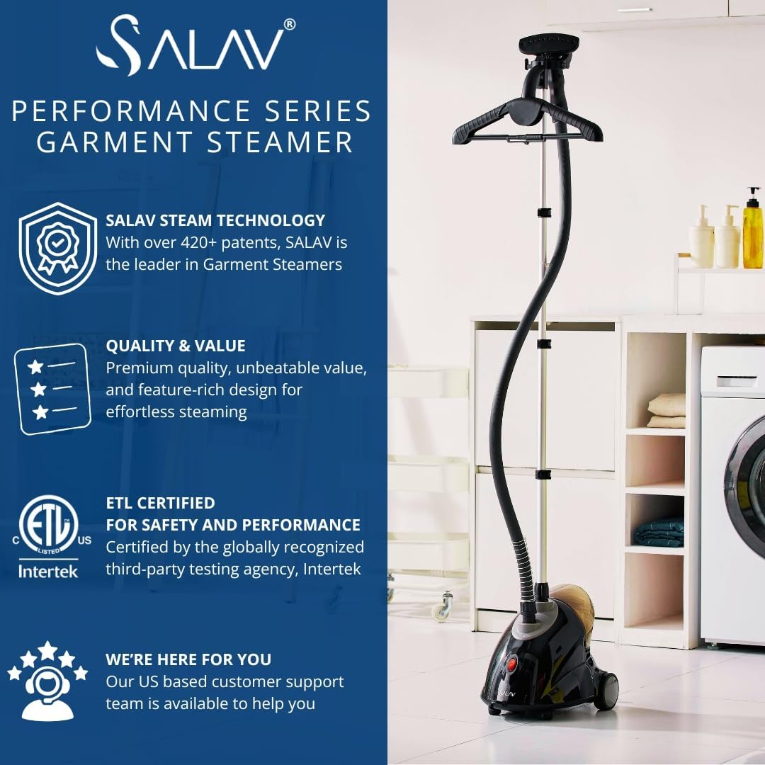 SALAV GS18-DJ Standing Garment Steamer with Smart Auto-Off, Wheels for Easy Movement, 1.8L Water Tank for 1hr Continuous Steaming, Adjustable Pole for Storage, with Descaler Packet, 1500 watts
